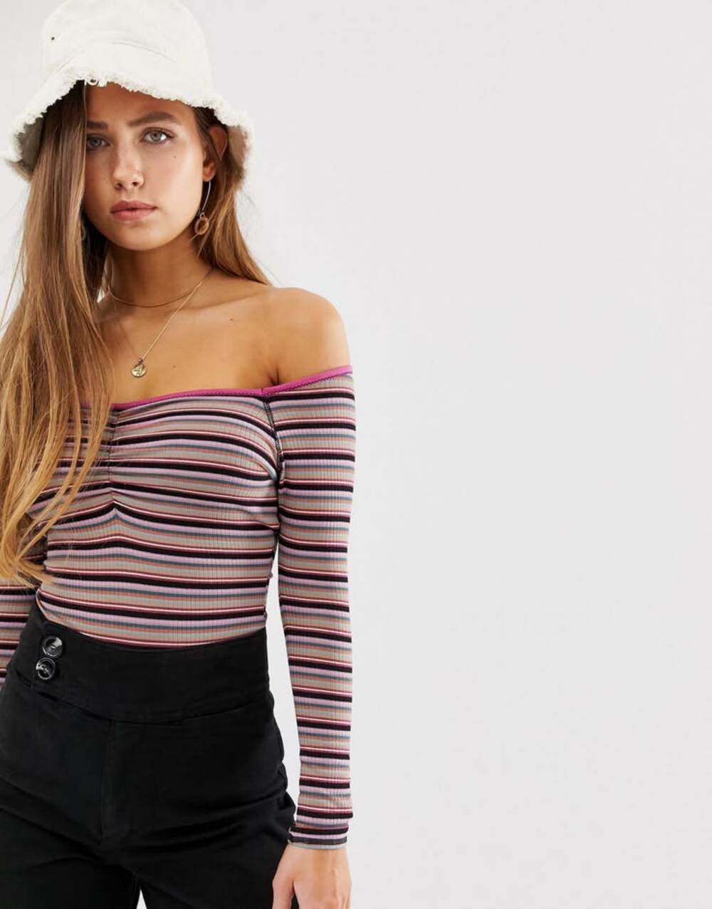 Free People Put a Stripe On It Off The Shoulder Long Sleeve Ribbed Bodysuit